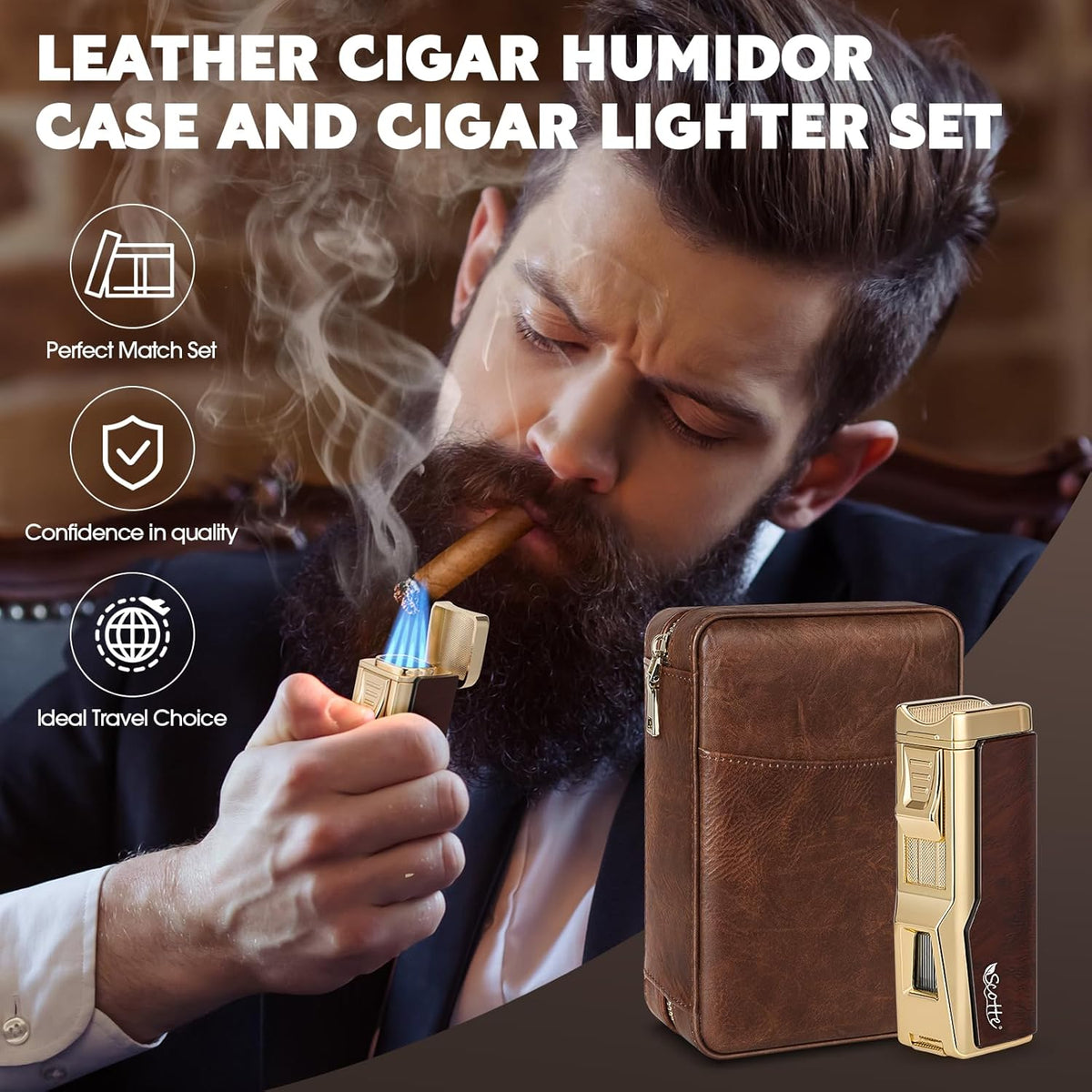 Cigar Humidor Box, Cigar Lighter Cedar Wood Lined Leather Cigar Case Built in Hygrometer & Humidifier, Torch Lighter with Cigar Holder Cigar Punch Portable Travel Cigar Humidor (Smooth Brown)