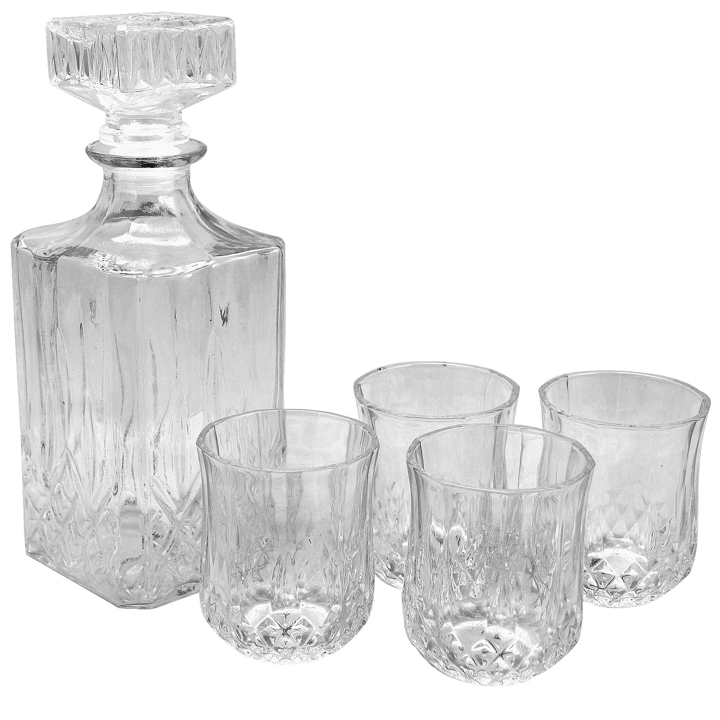 TWW - 5 Piece Glass Decanter Set - Premium Whiskey Glasses