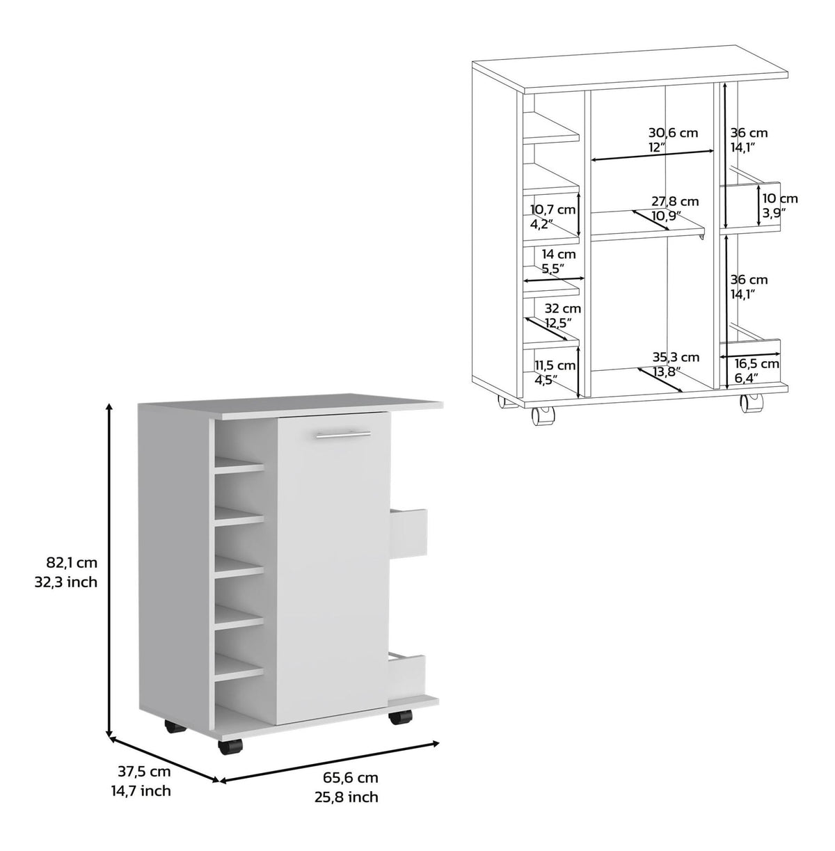 Bar Cart with Wine Storage, White Finish - Cabot Rolling Bar Cart with Shelves & Casters