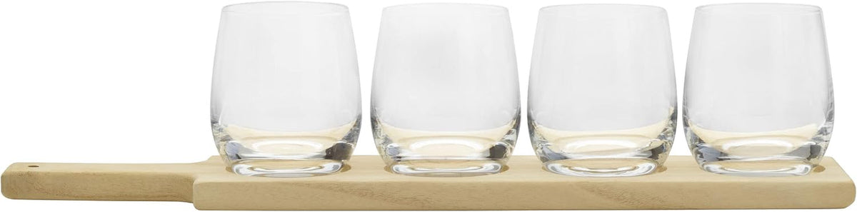 Wine Flight Tasting Board with 4 Stemless Wine Glasses - 18.5 Inch Natural Wood Serving Board, 12 Oz Glasses, Complete Wine Tasting Kit for Home Entertaining