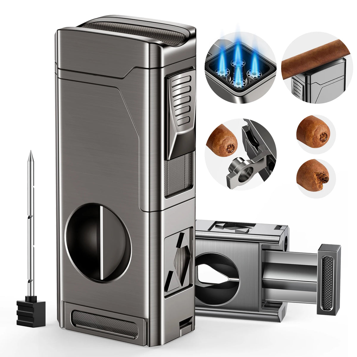Cigar Lighter 4 Jet Flame Cigar Lighters with Cigar Cutter Cigar Accessories Cigar Draw Enhancer Windproof Refillable Butane