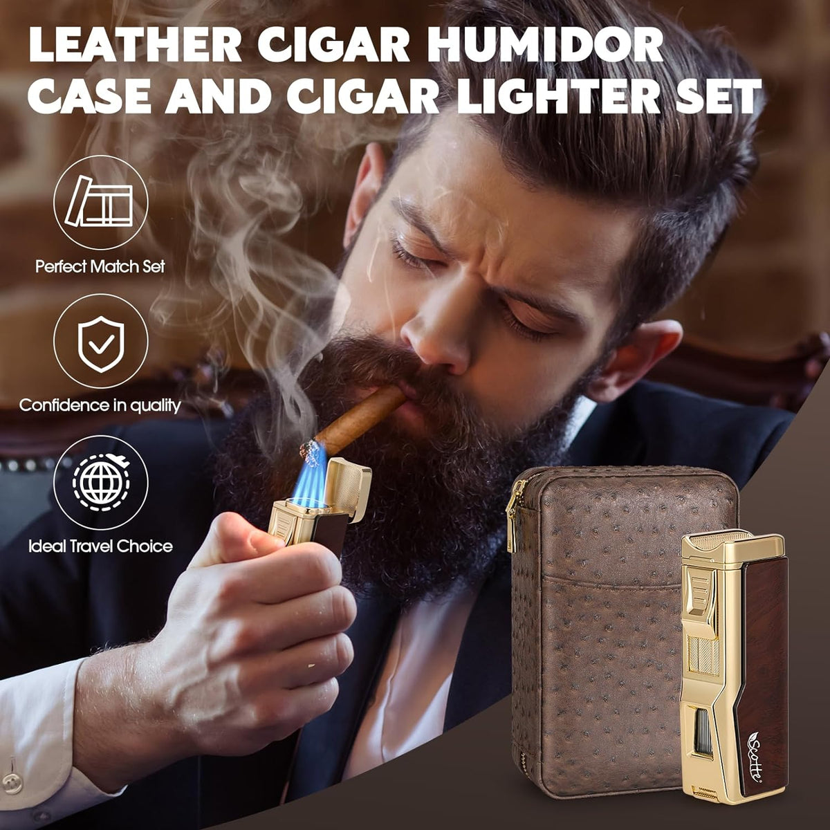 Cigar Humidor Box, Cigar Lighter Cedar Wood Lined Leather Cigar Case Built in Hygrometer & Humidifier, Torch Lighter with Cigar Holder Cigar Punch Portable Travel Cigar Humidor Kit(No Butane)