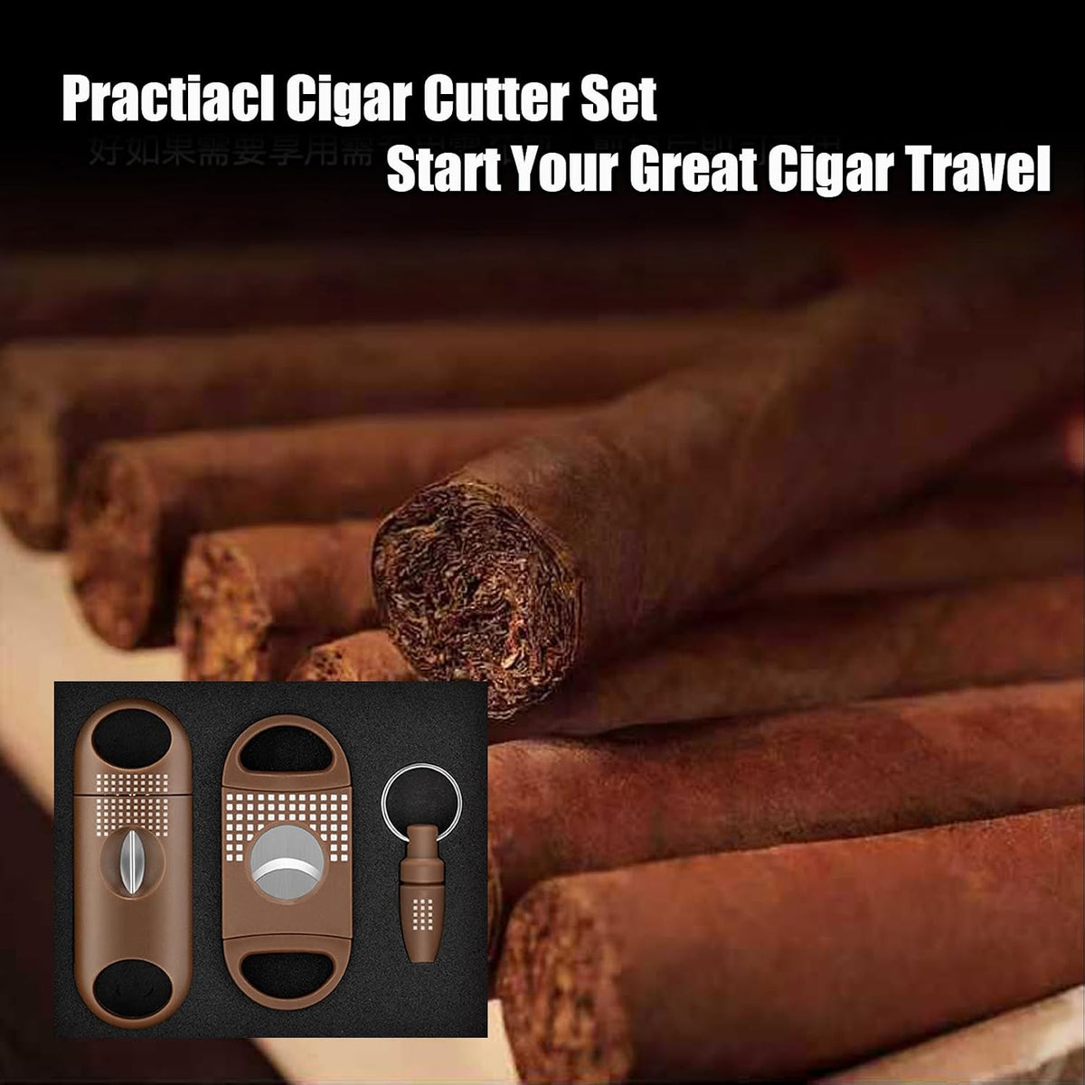 Cigar Cutter Set, with Cigar Straight Cutter, Cigar V Cutter, Cigar Punch, Multi-Functional Cigar Accessories Kit for Cigar Humidor Case, Portable Cigar Tools for Travel Outdoors (Brwon)