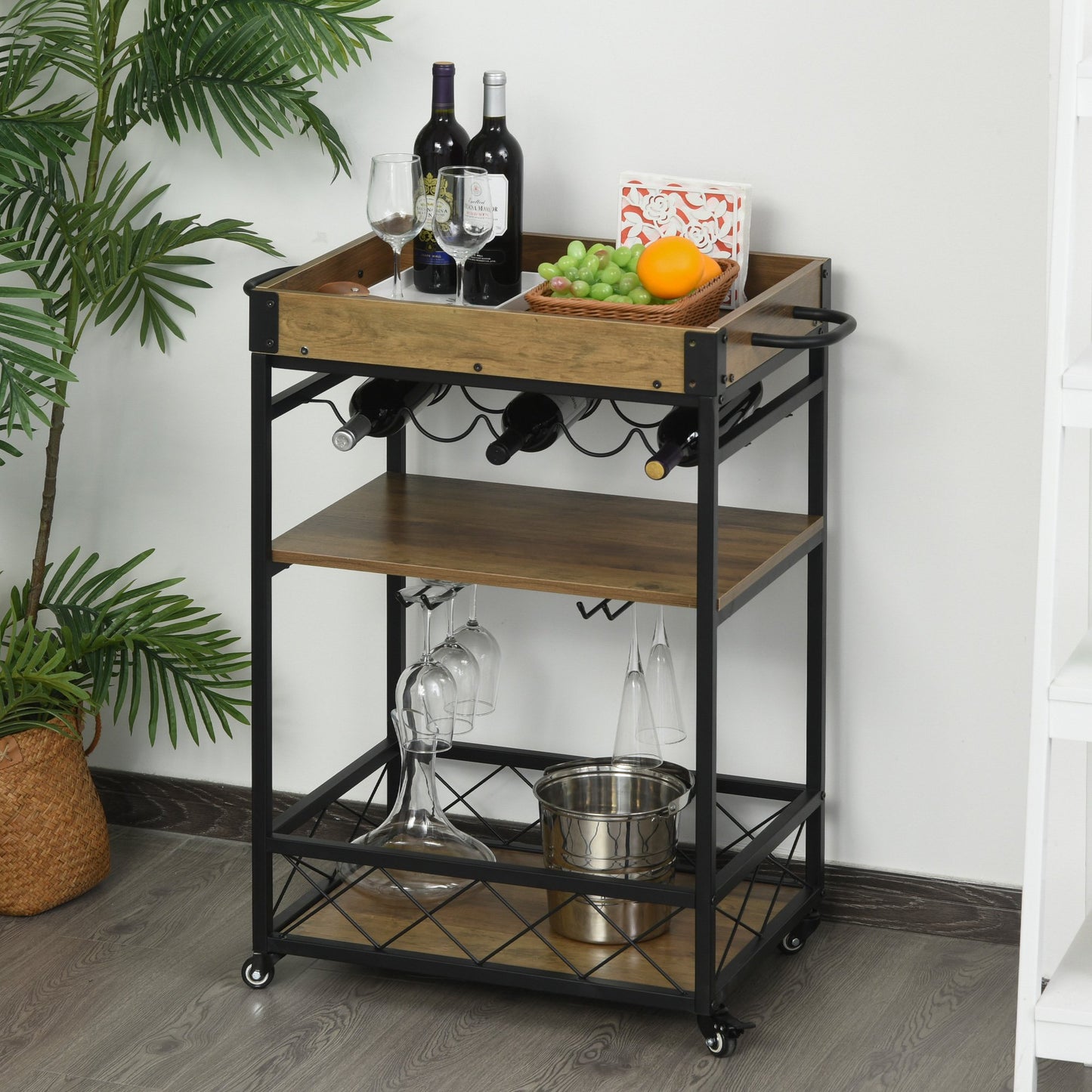 Retro Industrial Bar Serving Cart Rolling Kitchen Island