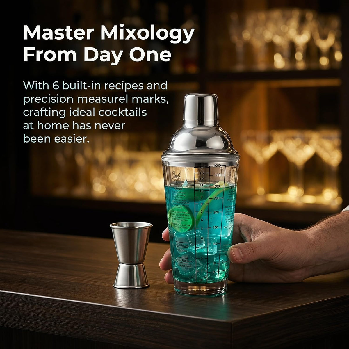 Glass Cocktail Shaker with Strainer, 14Oz Martini Shaker with 6 Recipes on Side, Clear Drink Shaker Bottle with Measurements, Bar Shakers Set Bartender Kit for Mixing Cocktail, Margarita