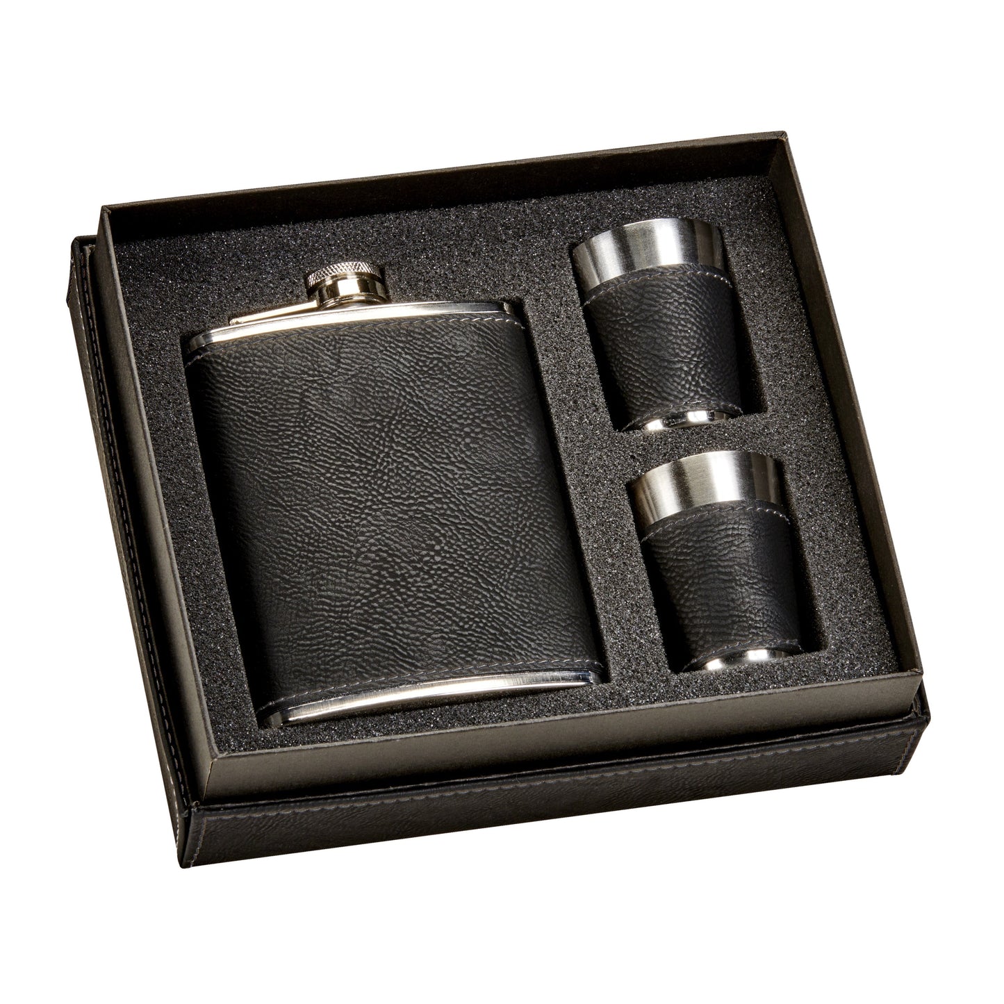 Black Leatherette Flask & Stainless Steel Shot Glass Set - Premium H TWW