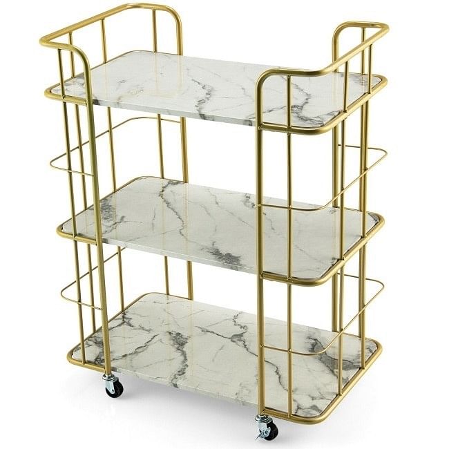 3 Tier Faux Marble Gold Rolling Bar Cart - Premium Bar Cart | Executive