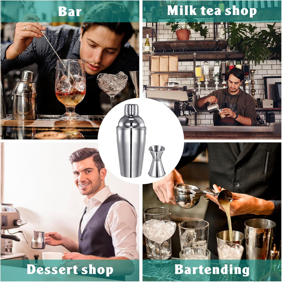 Cocktail Shaker Set Martini Shaker Bulk Stainless Steel Martini Mixer with Strainer and Double Measuring Jigger for Bar Party Home Use Wine Bar(18 Oz/ 550 Ml,4 Packs)