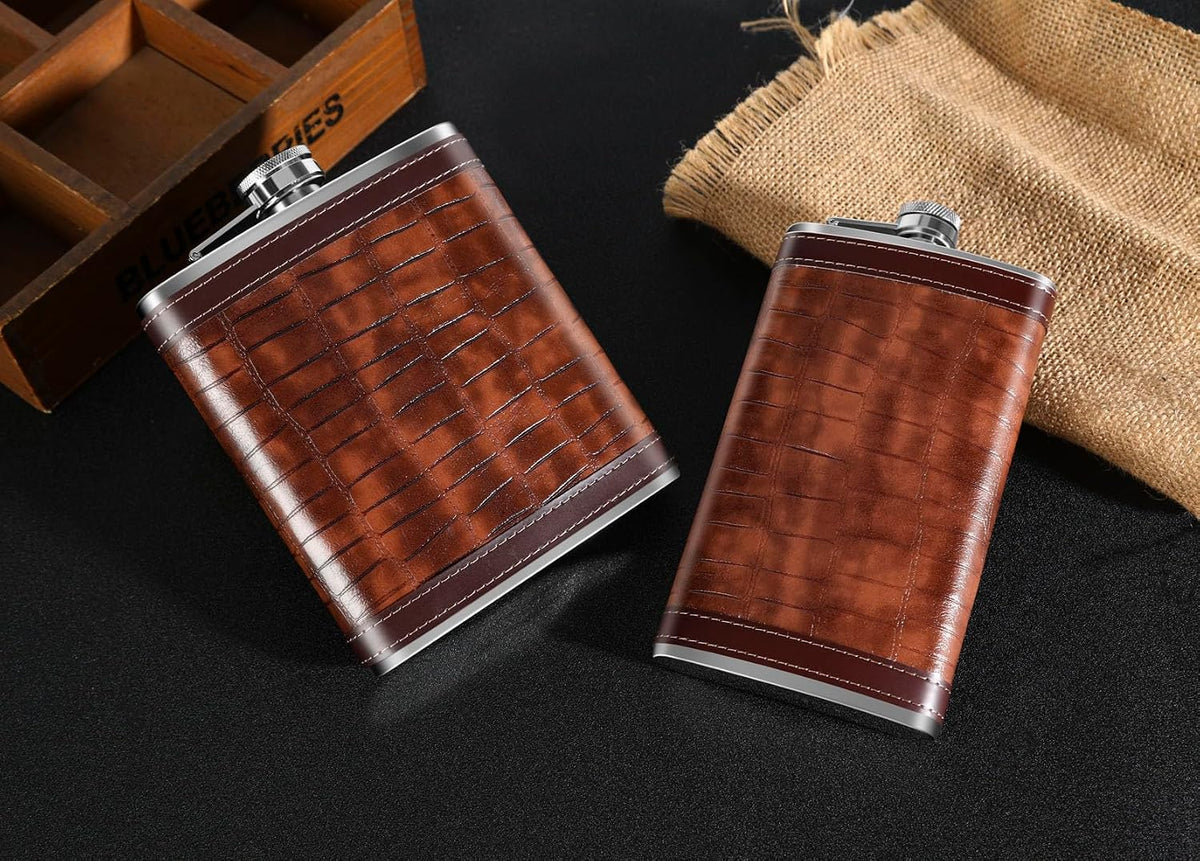 12 Oz Crocodile Pattern Brown Leather Whiskey Liquor Flask