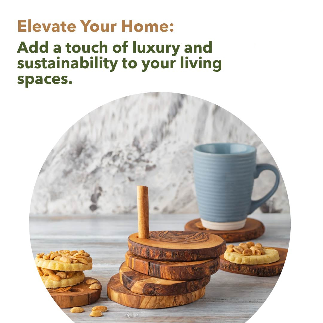 Olive Wood Coaster Set with Holder -7 Pcs - Premium Whiskey Coasters