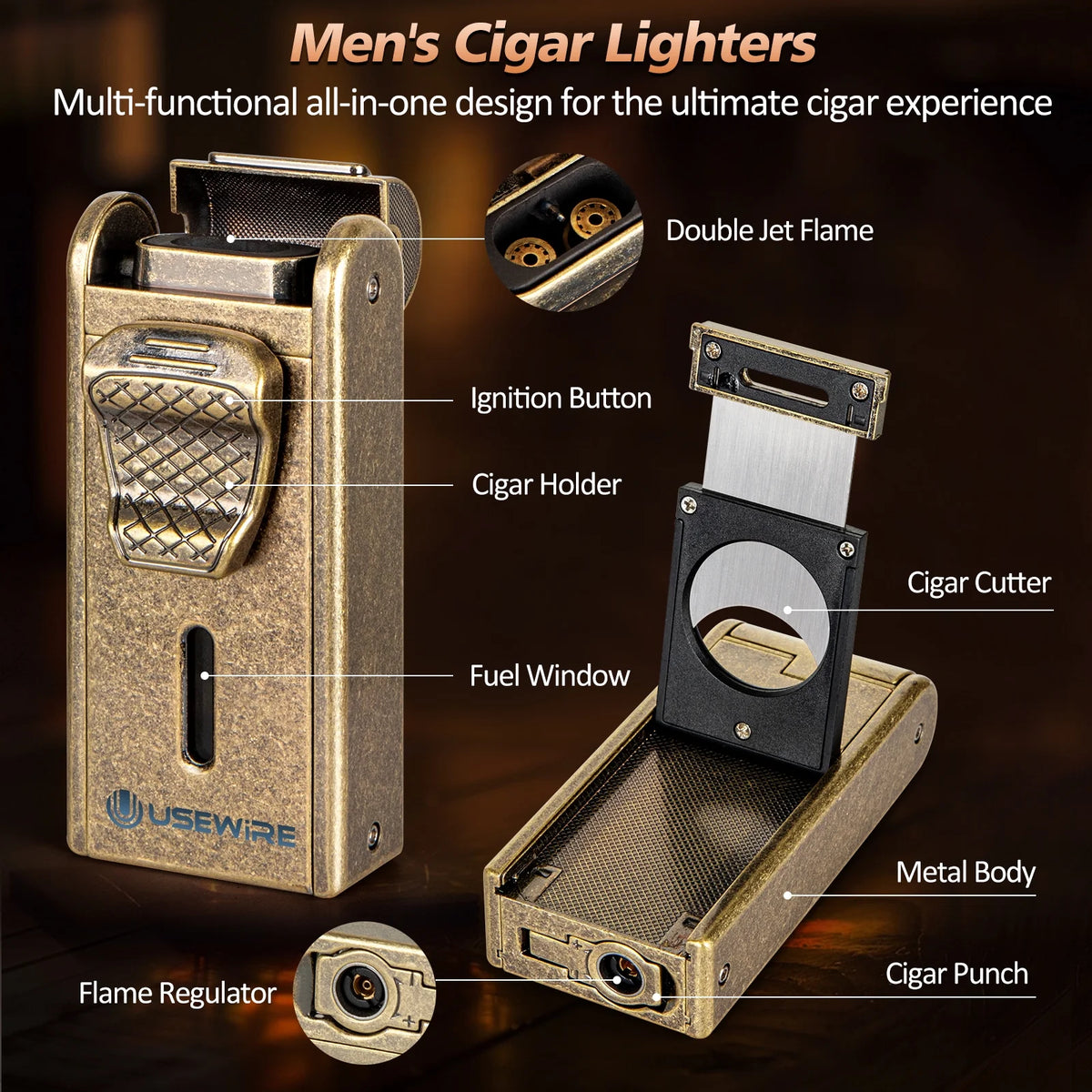 Travel Cigar Humidor,Leather Cigar Case with Cigar Lighter,Built-In Straight Cigar Cutter Cigar Punch,Portable Cigar Box with Humidifier and Cedar Tray,Cigar Accessories Set for Men,Hold 7 Cigars