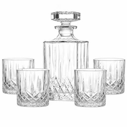 Sophisticated 30 Oz. Clarity Crystal Whiskey Decanter Set with 4 Elegant Glasses – Perfect for Home Bar and Gifting