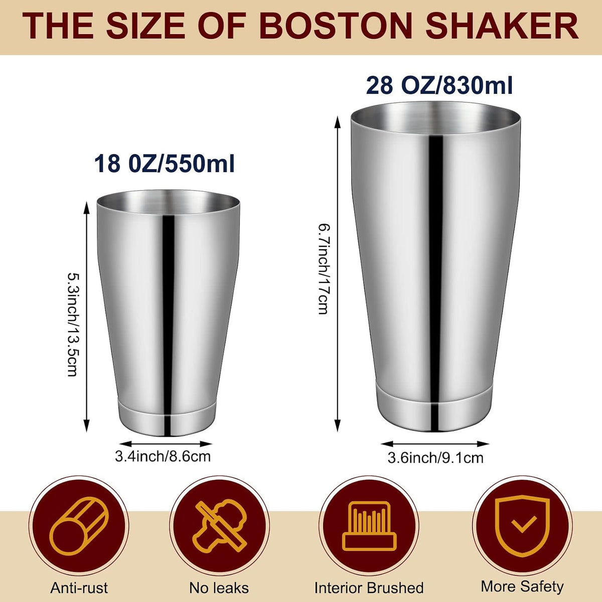 10 Pieces Stainless Steel Cocktail Shaker Boston Set, Silver