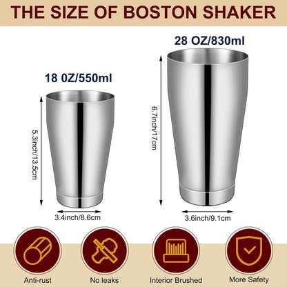 10 Pieces Stainless Steel Cocktail Shaker Boston Set, Silver