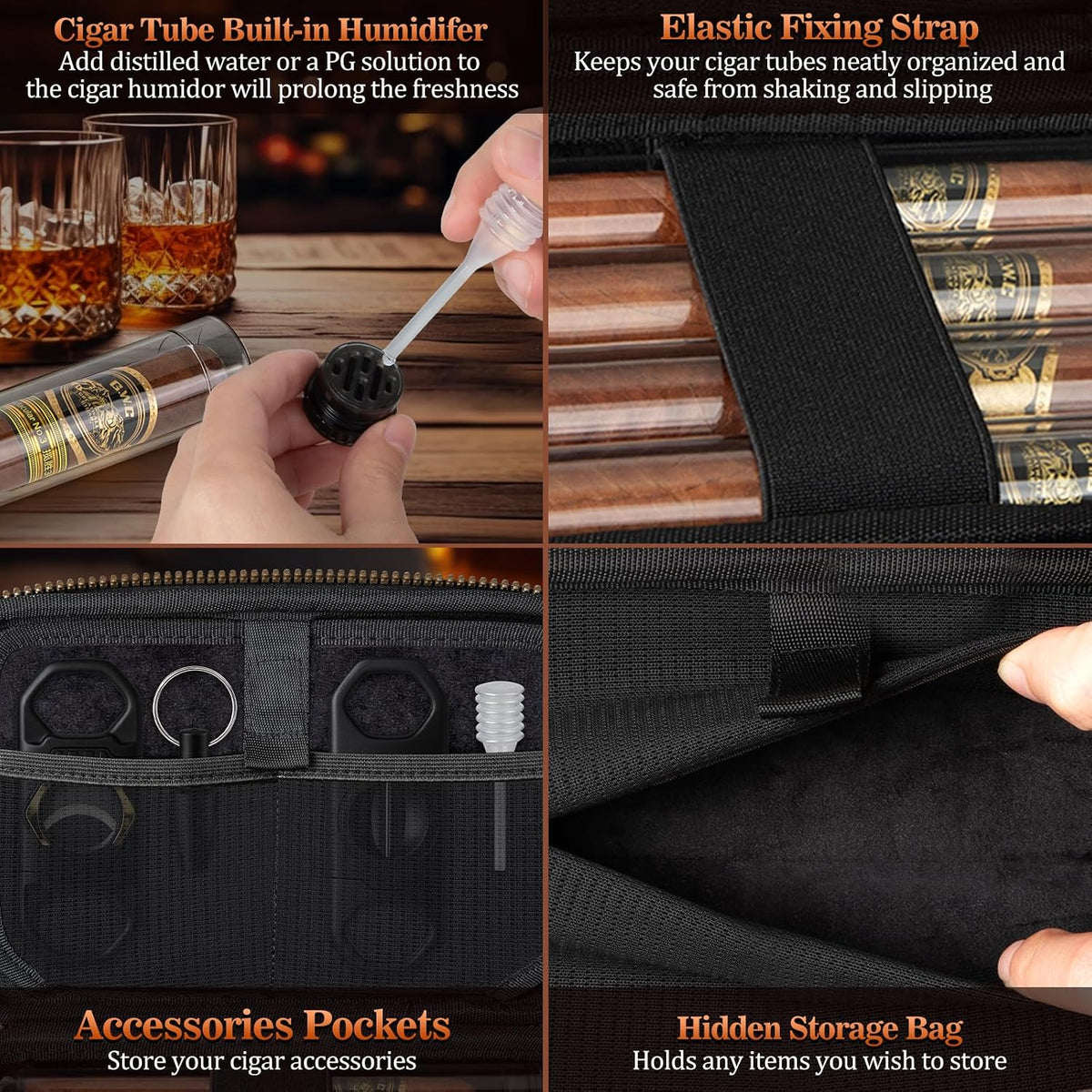 Travel Cigar Humidor Case, Portable Cigar Bag with 4 Cigar Tubes, Leather Cigar Case Include Straight Cutter, V Cutter, Hole Puncher, Gift Set for Cigar Lovers, Lighter Not Included (Brown)