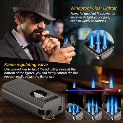 Cigar Lighter 4 Jet Flame Cigar Lighters with Cigar Cutter Cigar Accessories Cigar Draw Enhancer Windproof Refillable Butane