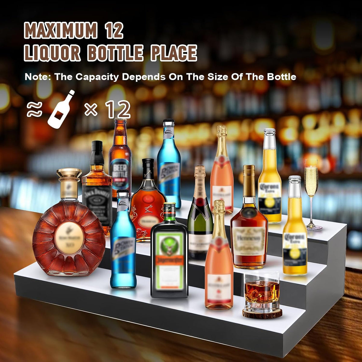 Lighted Liquor Bottle Display, 3 Tiers 16 Inch Acrylic Bar Shelf with App Control, LED Illuminated Whiskey Rack for Home Bar