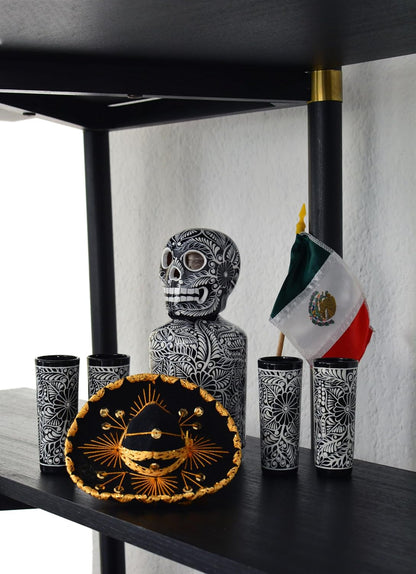 Tequila Decanter Set, Liquor Decanter with Shot Glasses and Mexican Sombrero, Hand-Painted Decanter, Skull Decanter, Bar Decoration, Unique Tequila Gift, Gift for Dad, (Black Decanter Set)