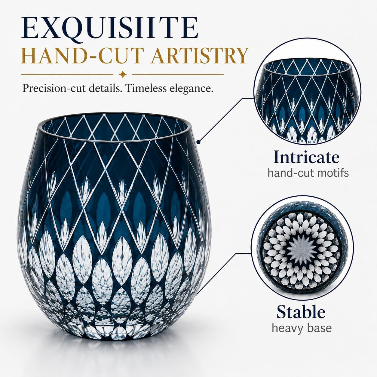Blue Kiriko-Inspired Whiskey Glass with Gift Box, 10.8 Oz | Blue Hand-Cut Crystal Tumbler for Bourbon, Scotch, Old Fashioned Cocktails, Whiskey Stones and Gifting