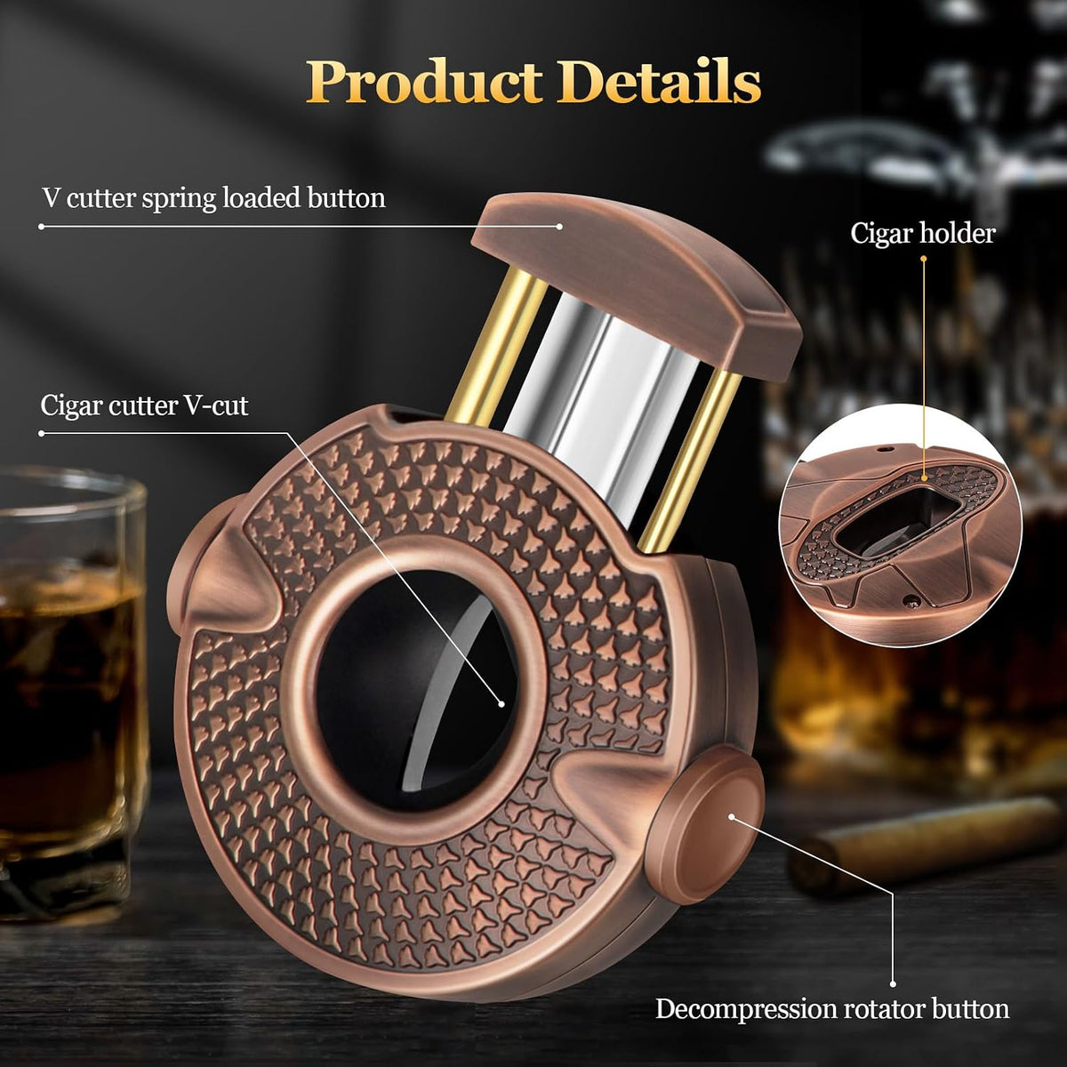 Cigar Cutter V Shape Cigar Cutter, 3 in 1 Cigar V Cutter with Stainless Steel Blade, Cigar Holder and Decompression Rotator, round Cigar Cutter Ergonomically Designed, Gift for Cigar Lovers