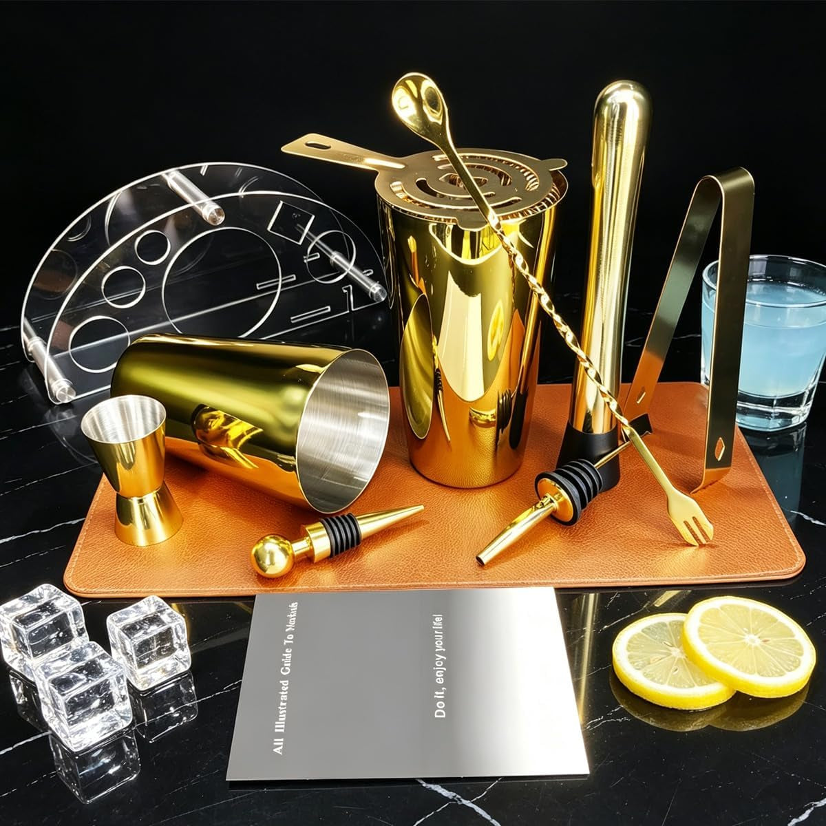 9-Piece Cocktail Shaker with Stand, 25Oz Bartender Kit, Cocktail Shaker with Strainer Set, Boston Shaker Set, Bar Set Jigger for Bartending Drink Mixer Set, Cocktail Set Recipes (Gold-25/20Oz)
