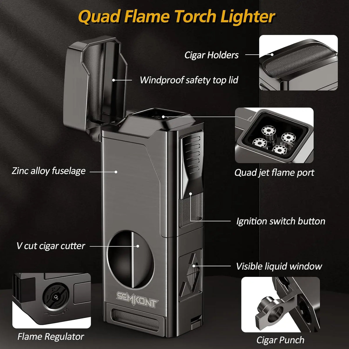 Cigar Lighter 4 Jet Flame Cigar Lighters with Cigar Cutter Cigar Accessories Cigar Draw Enhancer Windproof Refillable Butane