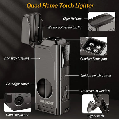 Cigar Lighter 4 Jet Flame Cigar Lighters with Cigar Cutter Cigar Accessories Cigar Draw Enhancer Windproof Refillable Butane