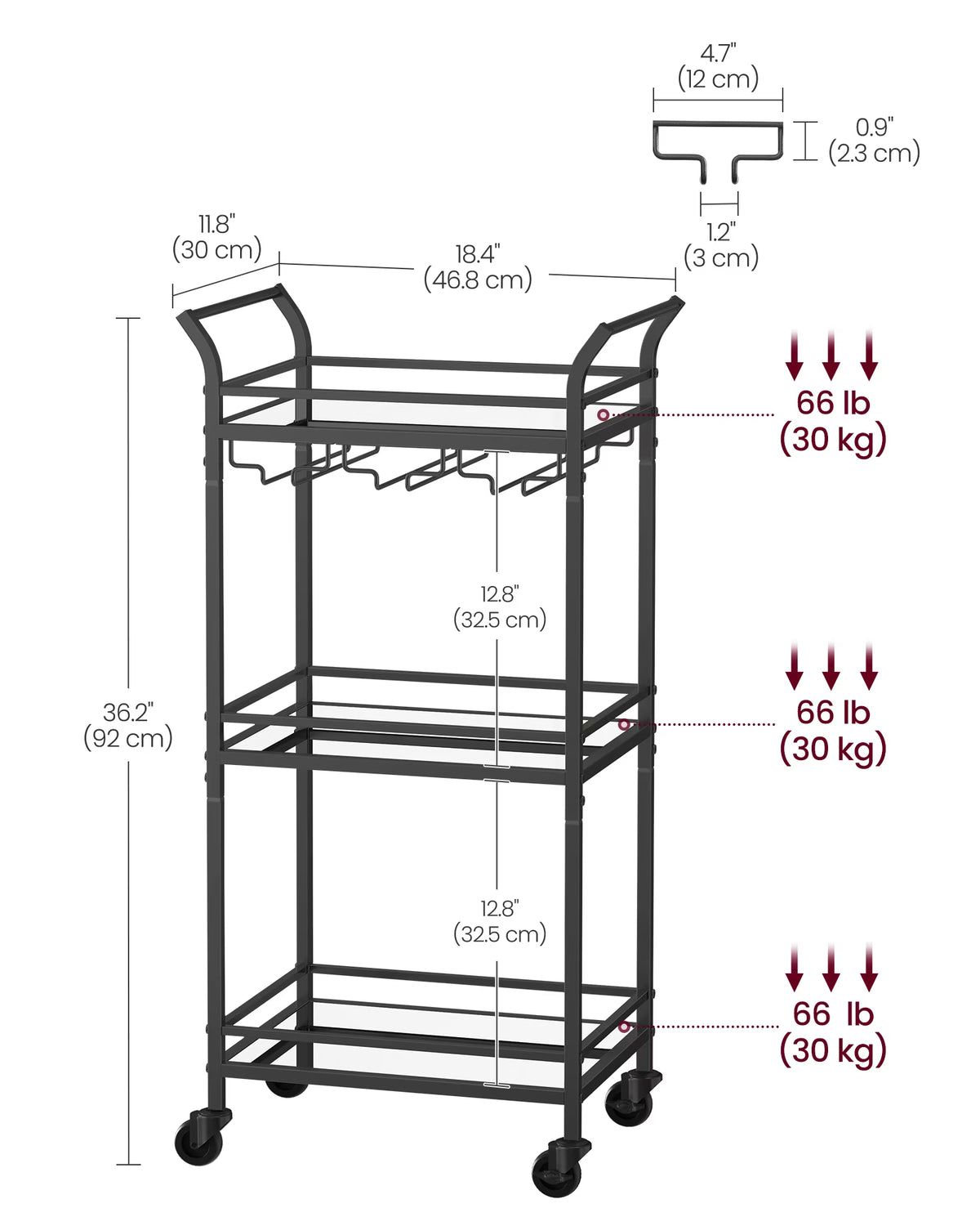 Bar Cart, Home Bar Serving Cart, Small Bar Cart with 3-Tier Shelf, Wine Holders, Glass Holders, Mini Bar Cart for Small Spaces, Ink Black