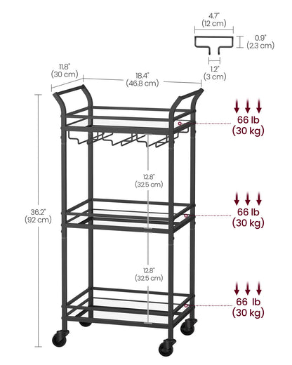 Bar Cart, Home Bar Serving Cart, Small Bar Cart with 3-Tier Shelf, Wine Holders, Glass Holders, Mini Bar Cart for Small Spaces, Ink Black
