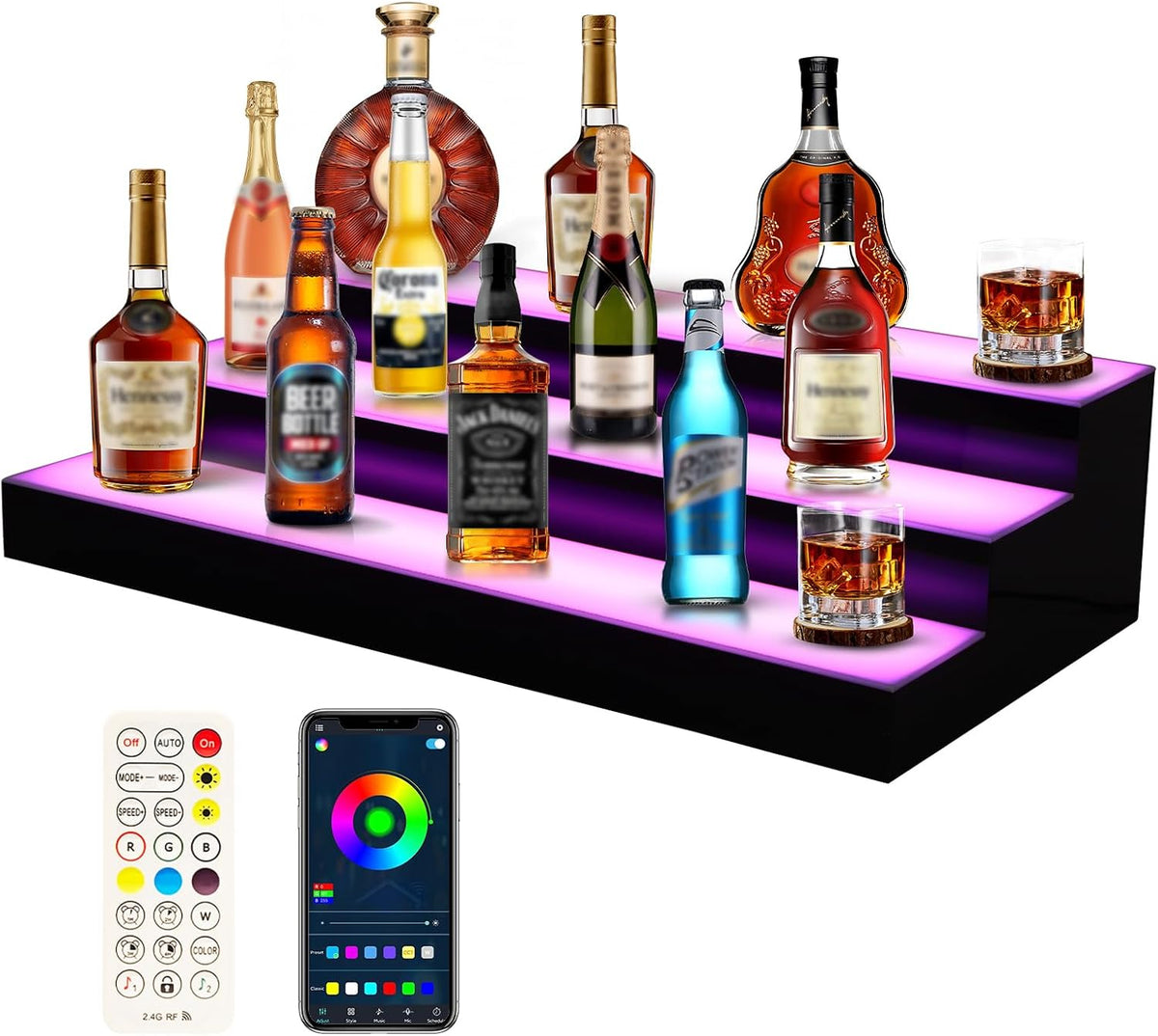 Lighted Liquor Bottle Display, 3 Tiers 16 Inch Acrylic Bar Shelf with App Control, LED Illuminated Whiskey Rack for Home Bar