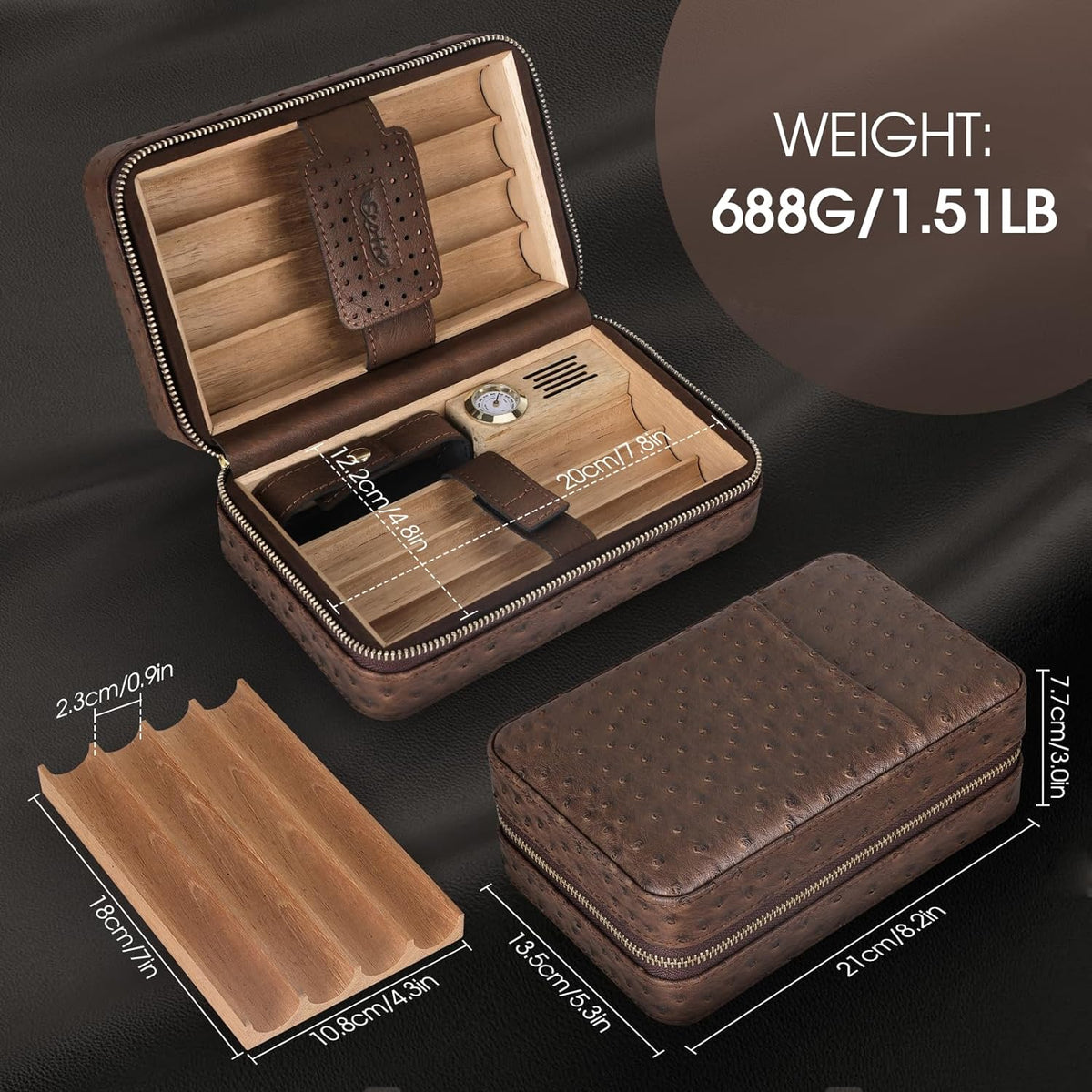 Cigar Humidor Box, Cigar Lighter Cedar Wood Lined Leather Cigar Case Built in Hygrometer & Humidifier, Torch Lighter with Cigar Holder Cigar Punch Portable Travel Cigar Humidor Kit(No Butane)