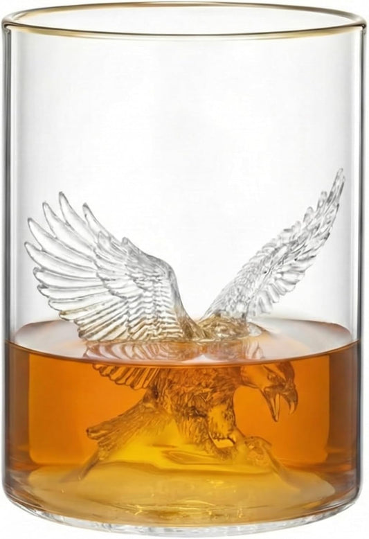 3D Eagle Whiskey Glass – 13Oz Bourbon Whiskey Glasses – Awesome 3D American Bald Eagle inside – Thick Bottom Gold Rim Old-Fashioned Glass – Bourbon Gifts for Men – Modern Sports Glassware
