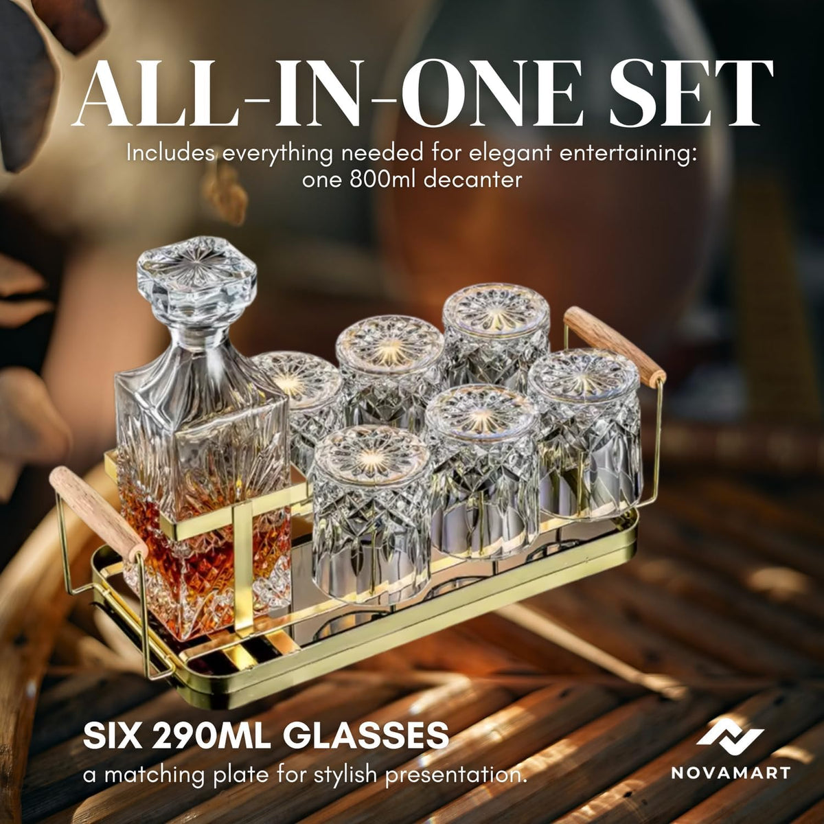 Customised Whiskey Decanter Set with 6 Glasses, Wooden Gift Box & Metal Tray – Premium Glass Barware Corporate Keepsake for Men, Groomsmen, Anniversary, Father’S Day Heavy Liquor Pour