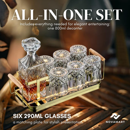 Customised Whiskey Decanter Set with 6 Glasses, Wooden Gift Box & Metal Tray – Premium Glass Barware Corporate Keepsake for Men, Groomsmen, Anniversary, Father’S Day Heavy Liquor Pour
