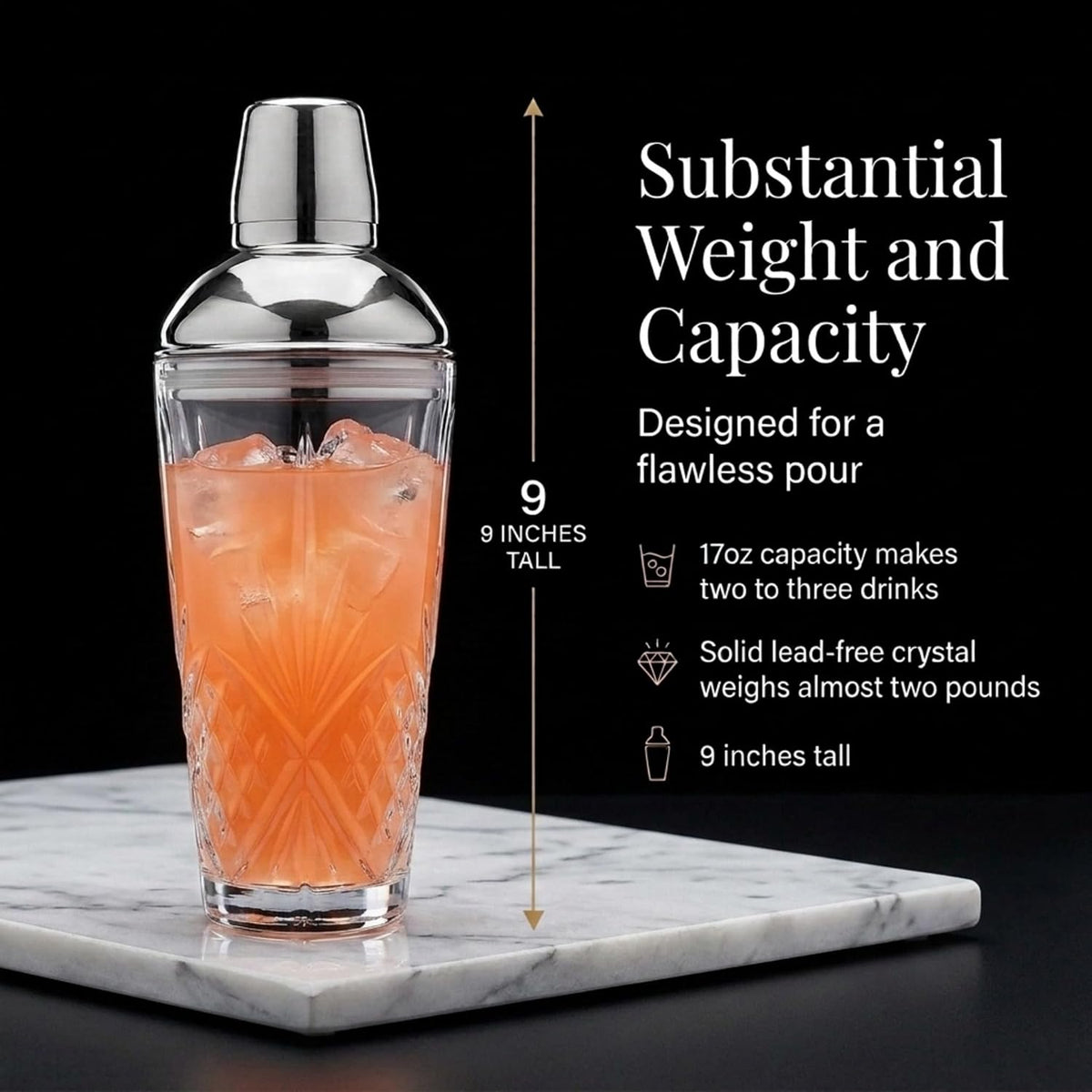 Dublin Crystal Cocktail Shaker with Lid - Glass Martini Shaker, Drink Shaker for Home Bar, Bartender Gift, 17Oz