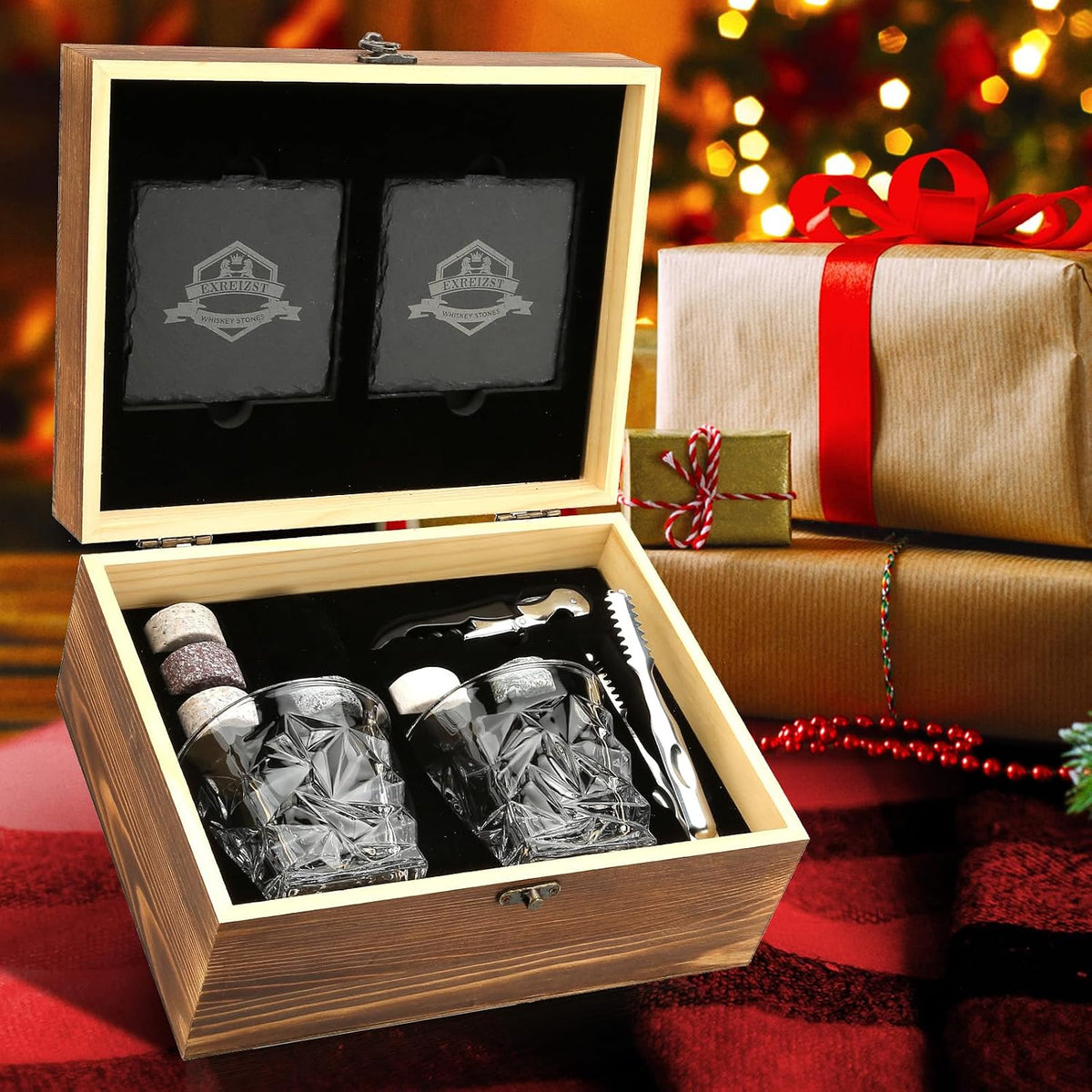 Whiskey Stones Gift Set - Whiskey Glass Set of 2 - Granite Chilling Whiskey Rocks - Scotch Bourbon Whiskey Box Set- Best Drinking Gifts for Men Dad Husband Birthday Party Holiday