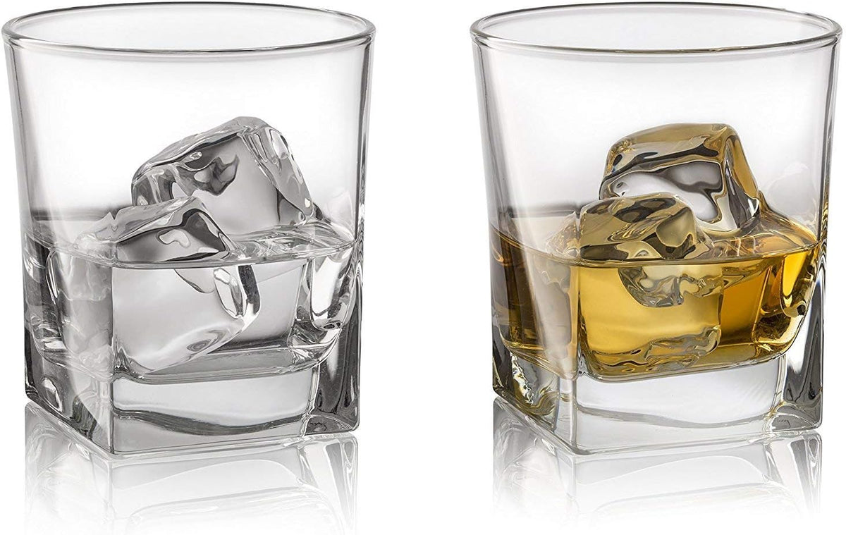 Double Old Fashioned Whiskey Glass (Set of 4) with Granite Chilling Stones - 10 Oz Heavy Base Rocks Barware Glasses for Scotch, Bourbon and Cocktail Drinks