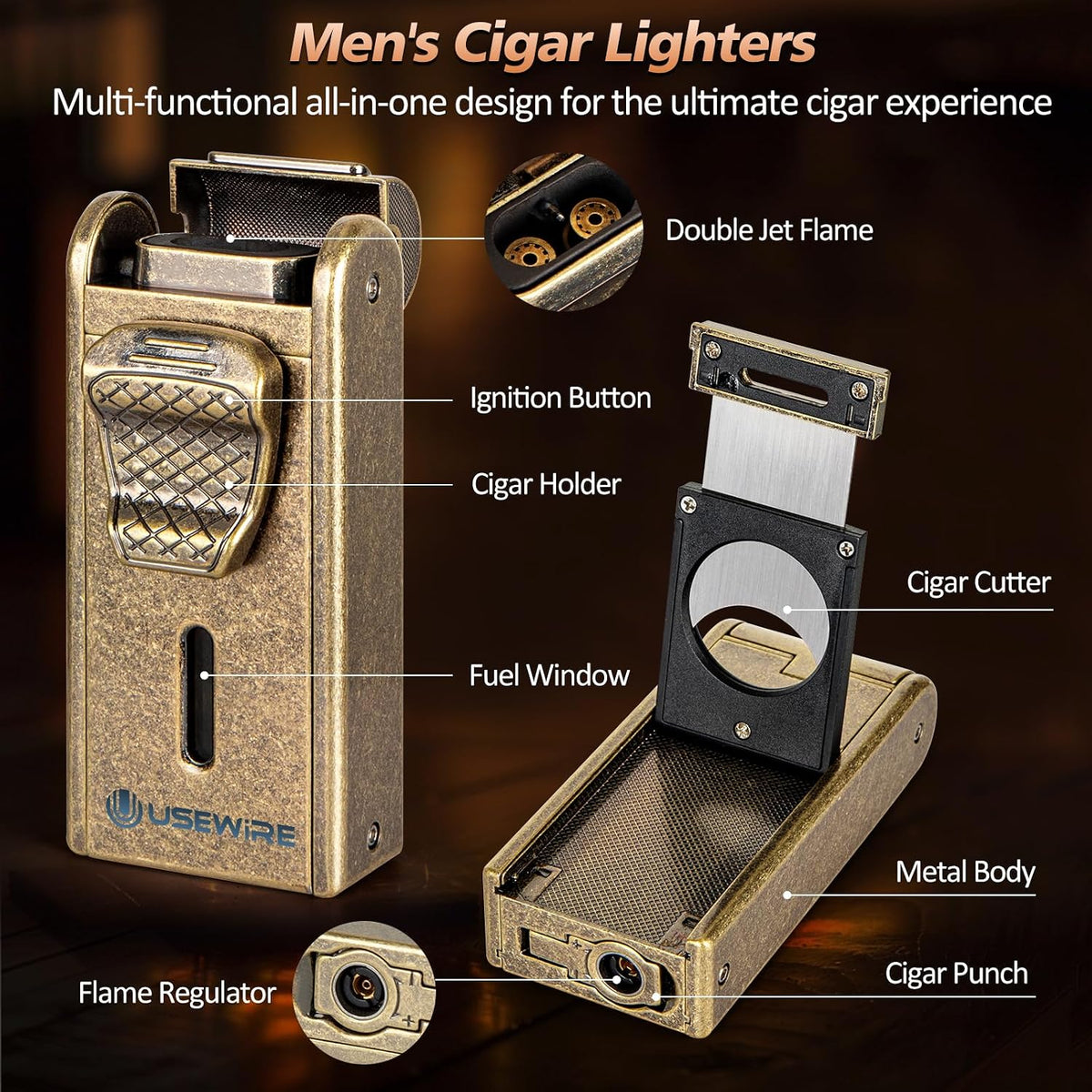 Cigar Humidor, Leather Cigar Case with Cigar Lighter, Built-In Straight Cigar Cutter and Cigar Punch, Travel Cigar Humidor with Humidifier and Cedar Tray, Cigar Accessories Set for Men