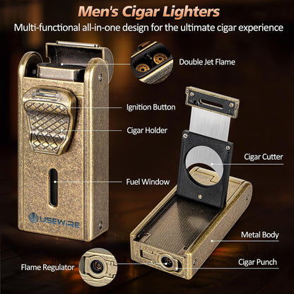 Cigar Humidor, Leather Cigar Case with Cigar Lighter, Built-In Straight Cigar Cutter and Cigar Punch, Travel Cigar Humidor with Humidifier and Cedar Tray, Cigar Accessories Set for Men