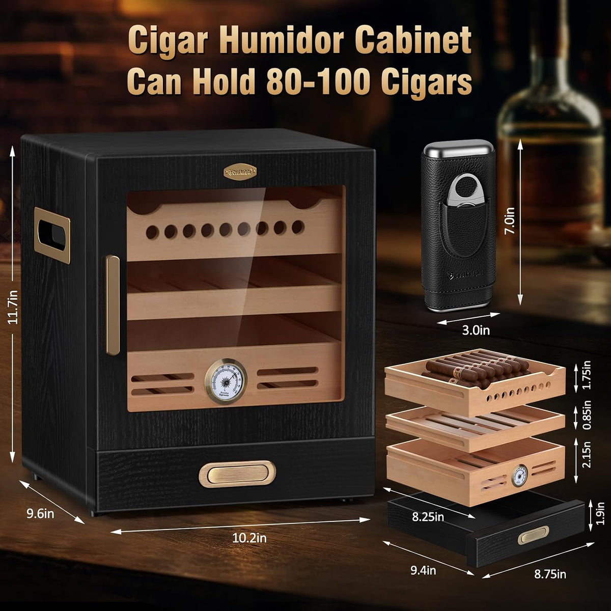 Cigar Humidor Cabinet, Cigar Cabinet Humidor with Spanish Cedar Wood Drawer, Precision Hygrometer, 2 Humidifiers, Cigar Accessories Drawer and Travel Cigar Case, Christmas for Cigar Lovers