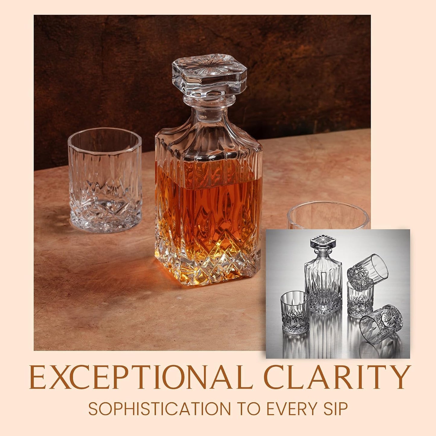 Luxury Whiskey Decanter Gift Set - 25Oz Crystal Decanter, 4 Old-Fashioned Glasses, 4 Slate Coasters with Diamond Pattern Premium Black Gift Box
