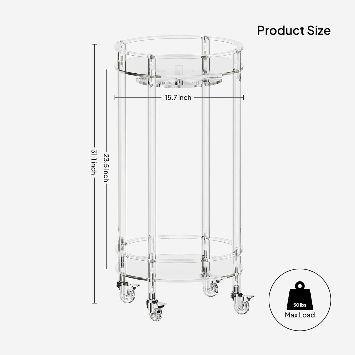 Acrylic Bar Cart, Rolling round Bar Cart, 2-Tier Home Serving Cart