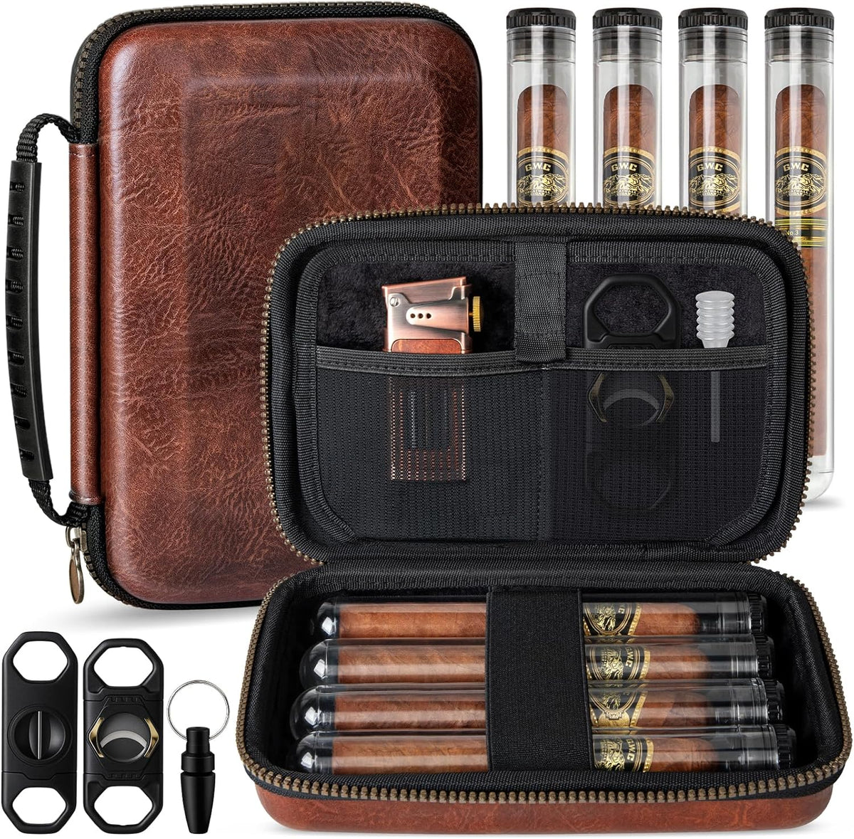 Travel Cigar Humidor Case, Portable Cigar Bag with 4 Cigar Tubes, Leather Cigar Case Include Straight Cutter, V Cutter, Hole Puncher, Gift Set for Cigar Lovers, Lighter Not Included (Brown)
