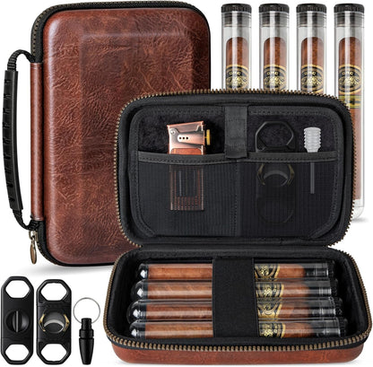 Travel Cigar Humidor Case, Portable Cigar Bag with 4 Cigar Tubes, Leather Cigar Case Include Straight Cutter, V Cutter, Hole Puncher, Gift Set for Cigar Lovers, Lighter Not Included (Brown)