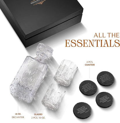 Luxury Whiskey Decanter Gift Set - 25Oz Crystal Decanter, 4 Old-Fashioned Glasses, 4 Slate Coasters with Diamond Pattern Premium Black Gift Box