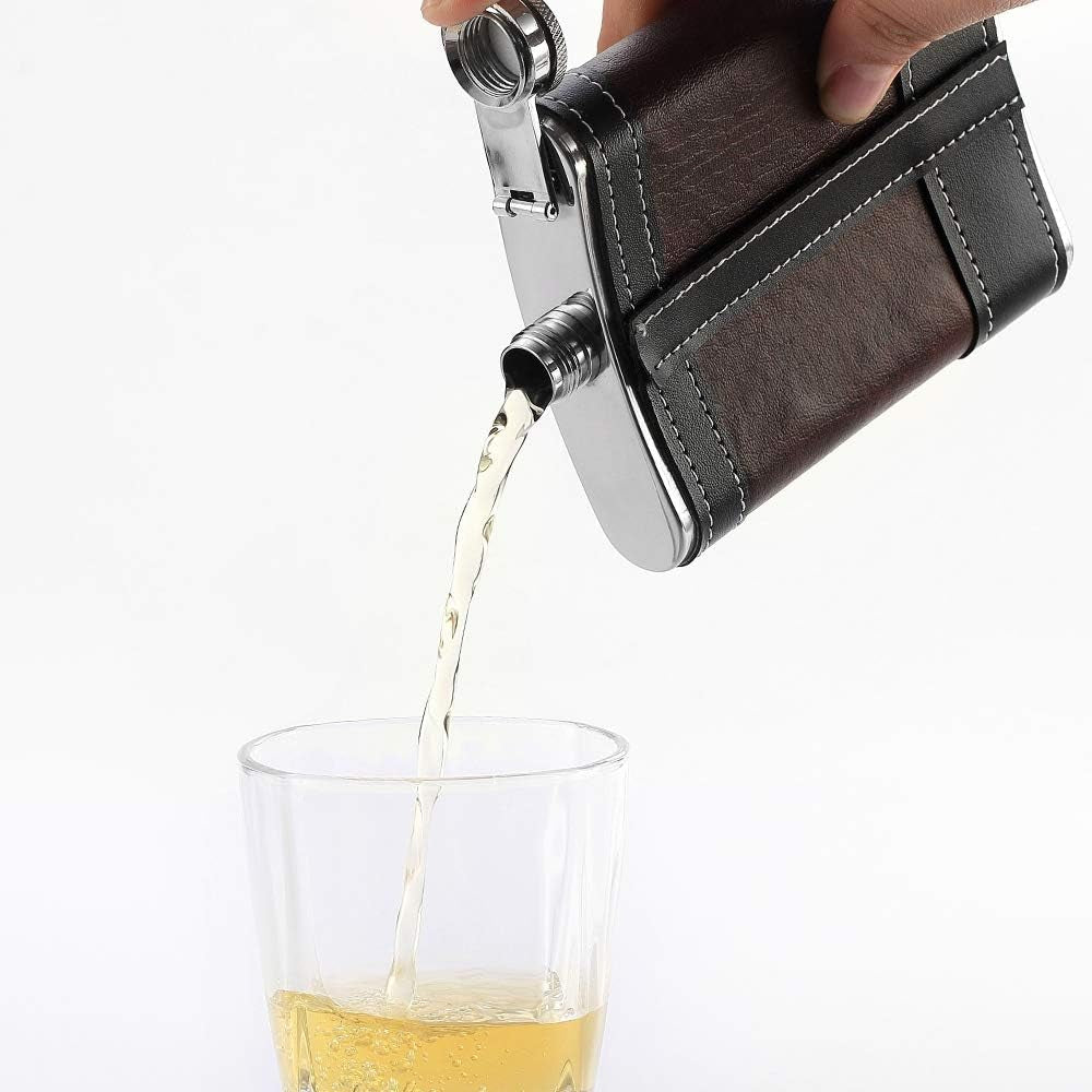 Premium 1 Pack 8 Oz Hip Flask for Liquor Soft Touch Leather Wrap with Funnel,18/8 Stainless Steel Highest Food Grade Leak Proof Classic Flask