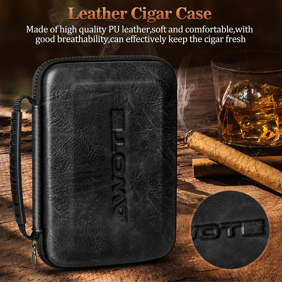 Travel Cigar Humidor Case, Portable Cigar Bag with 4 Cigar Tubes, Leather Cigar Case Include Straight Cutter, V Cutter, Hole Puncher, Gift Set for Cigar Lovers, Lighter Not Included (Black)