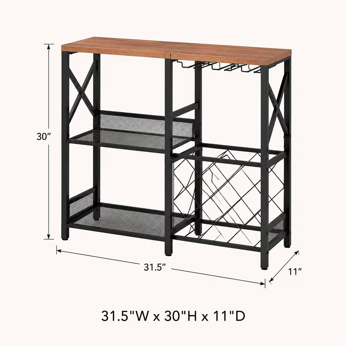 Wine Bar Cart, Rustic Freestanding Wine Rack with Glass Holder and Fence, Bar Cabinet with 2 Tier Storage, Liquor Shelf for Home Bar, Rustic Brown