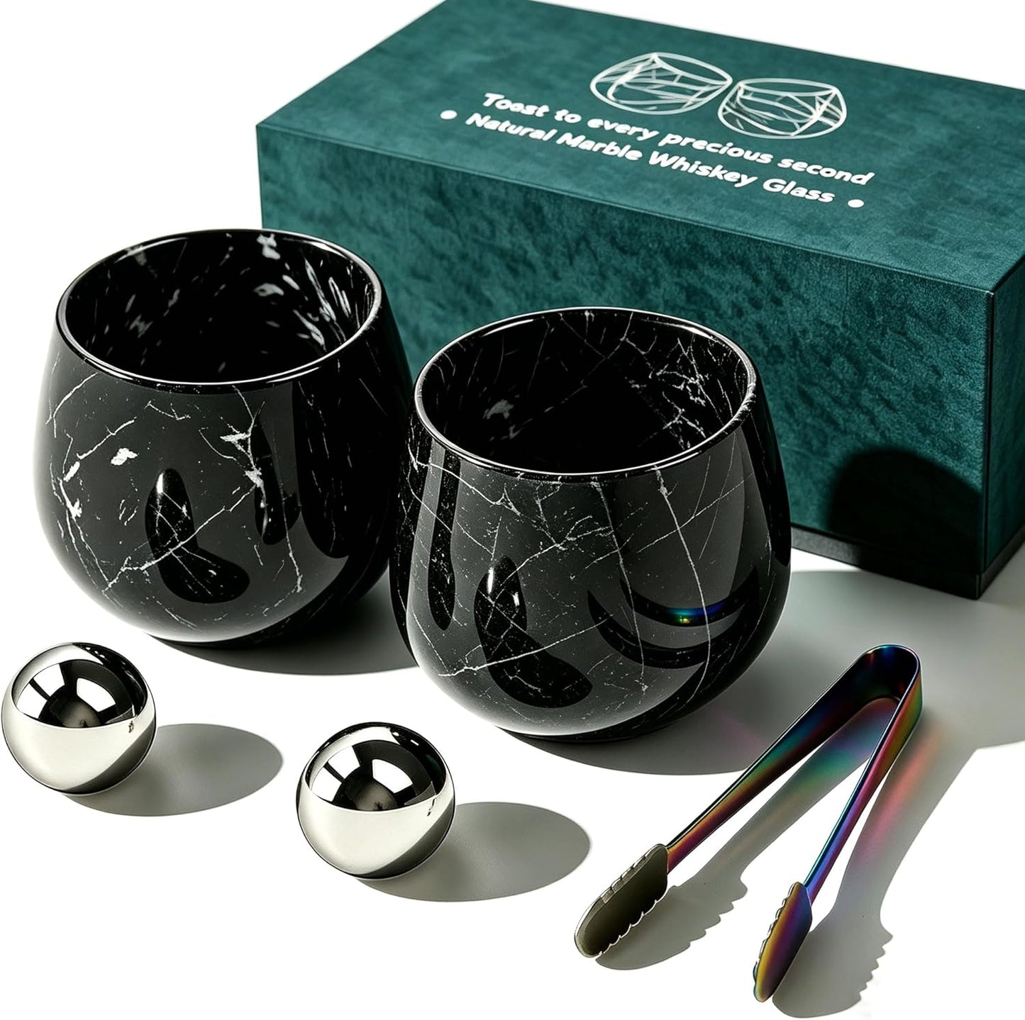 Natural Marble Whiskey Tumbler Gift Set with 2 Cooling Stones and Clamps | Hand-Ground, Zero-Dilution Cooling Technology, the Preferred Choice for Holiday Gifts, Elegantly Designed Decorative Items