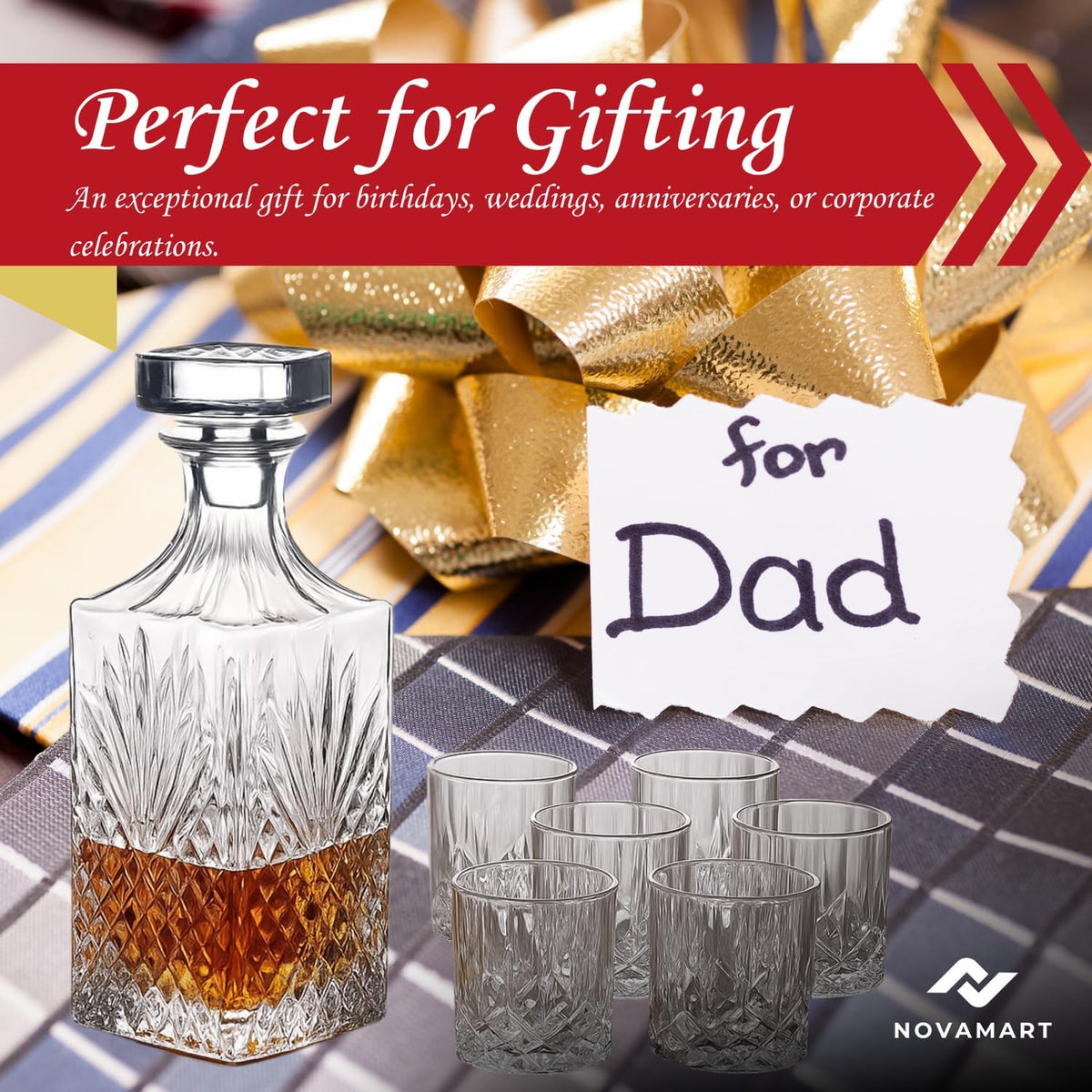Customised Whiskey Decanter Set with 6 Glasses, Wooden Gift Box & Metal Tray – Premium Glass Barware Corporate Keepsake for Men, Groomsmen, Anniversary, Father’S Day Heavy Liquor Pour